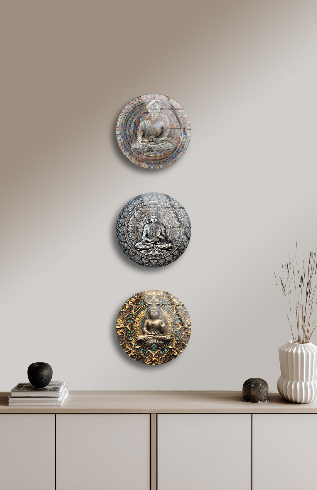 Tranquil Enlightenment – Buddha Mandala Round Glass Wall Art Set