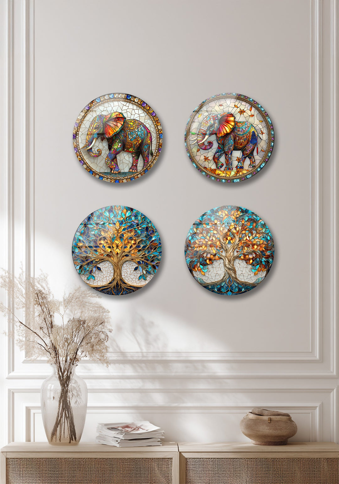 Eternal Wisdom Trio – Elephant & Tree of Life Round Glass Wall Art Set