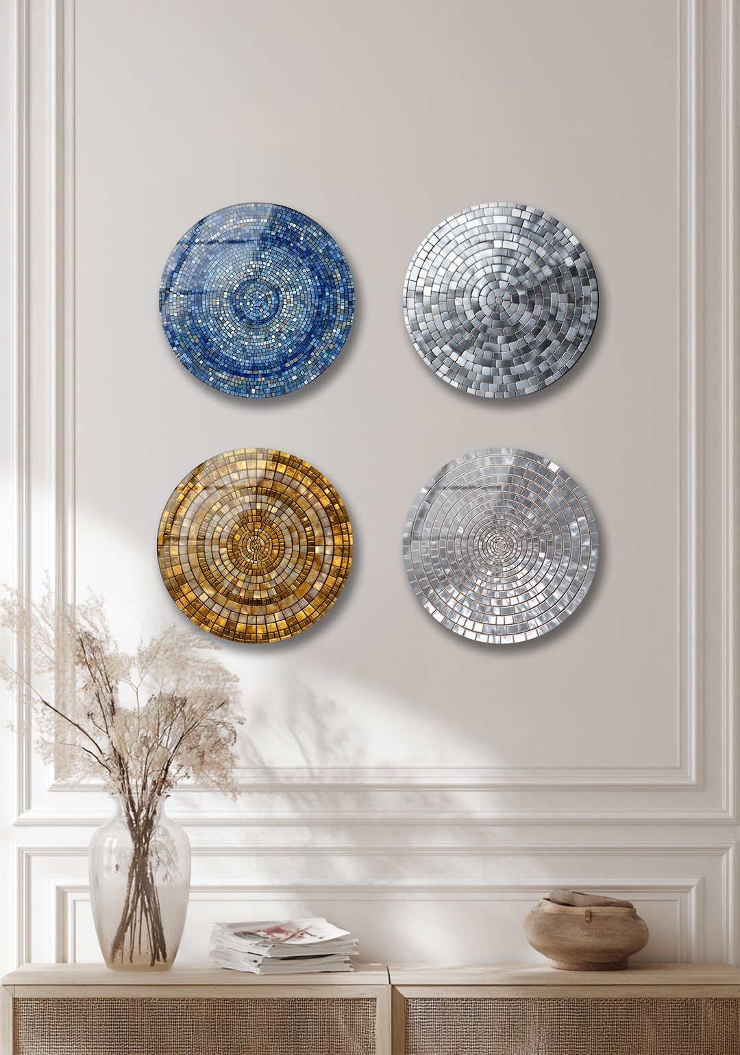 Radiant Reflections Trio – Gold & Silver Mosaic Round Glass Wall Art Set