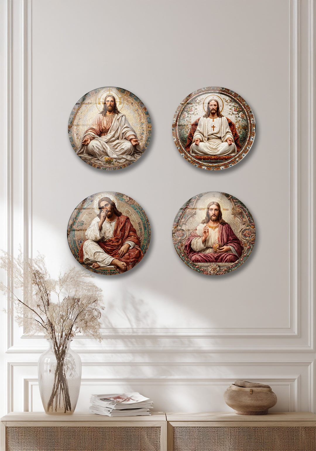 Sacred Grace Collection – Jesus Christ Mosaic Round Glass Wall Art Set