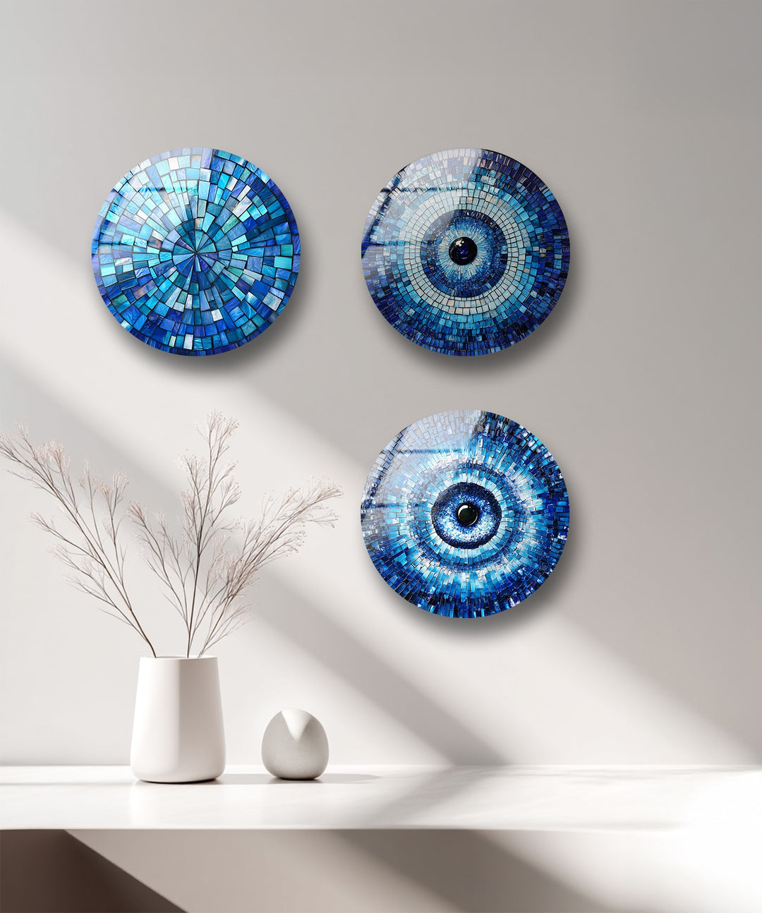 Blue Mosaic Harmony – Evil Eye Inspired Round Glass Wall Art Set