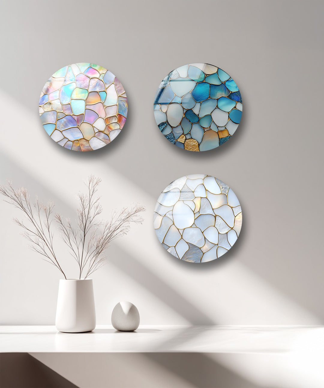 Serene Glow – Ocean Pebble Mosaic Round Glass Wall Art Set