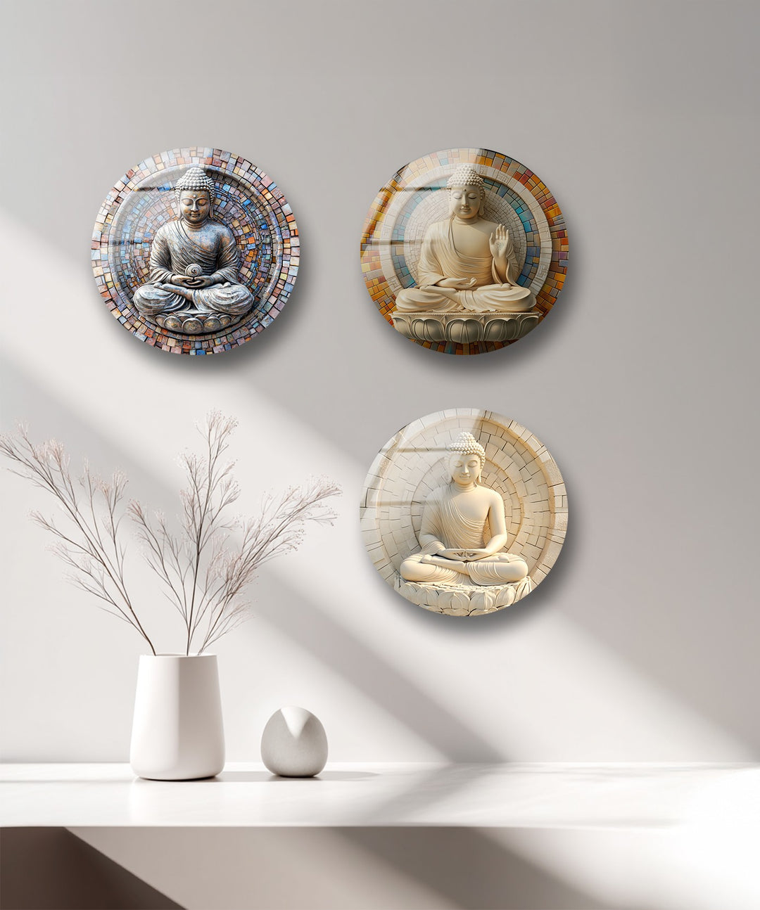 Tranquil Enlightenment – Buddha Mosaic Round Glass Wall Art Set