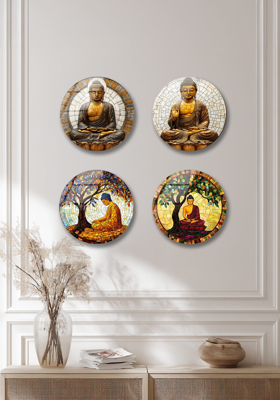 Serene Enlightenment Set – Buddha Mosaic Round Glass Wall Art Collection
