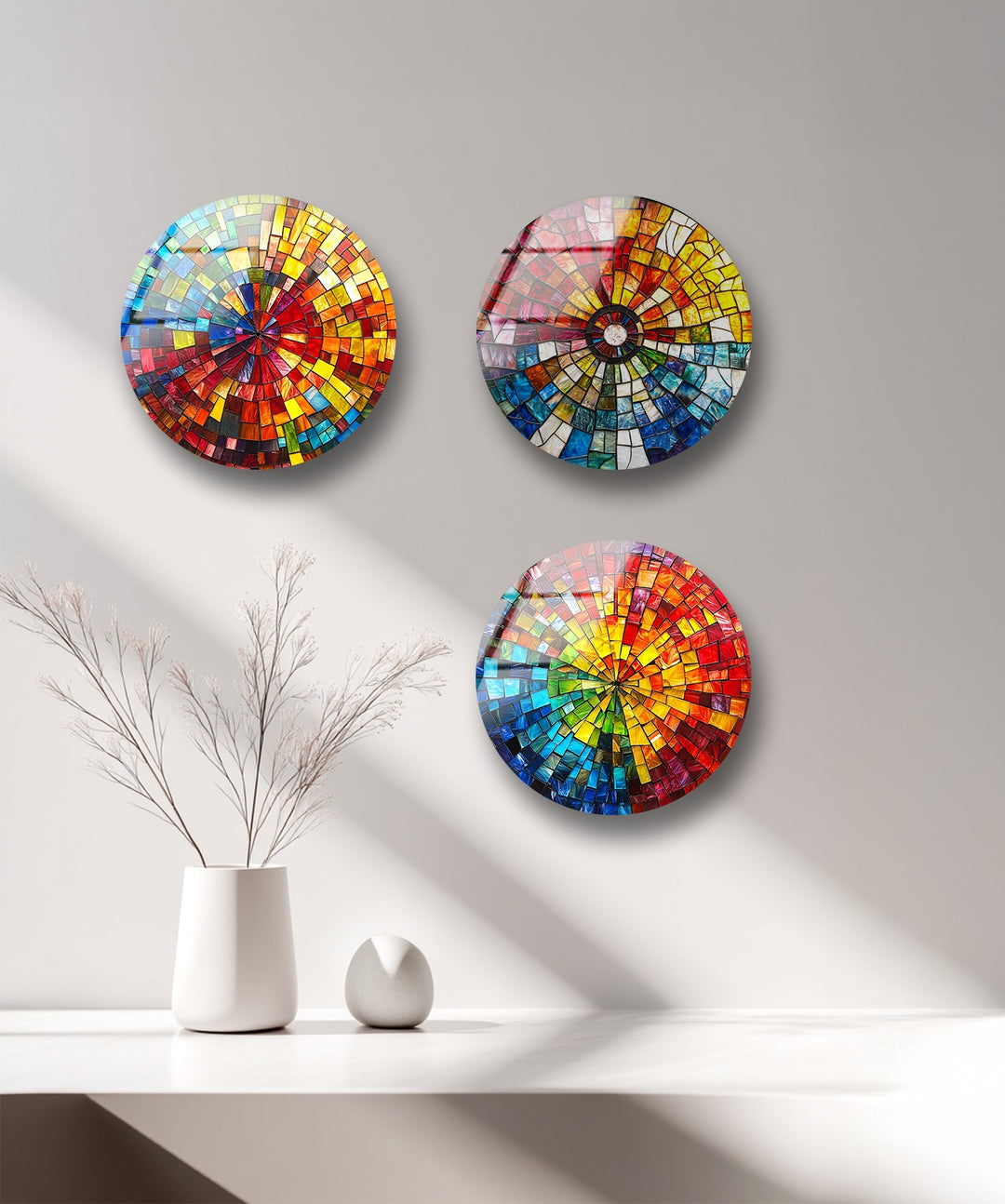 Radiant Spectrum – Color Burst Mosaic Round Glass Wall Art Set