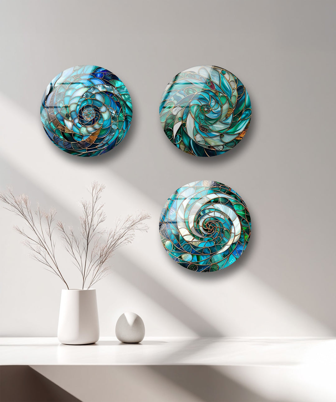 Aqua Spiral Essence – Abstract Ocean Mosaic Round Glass Wall Art Set