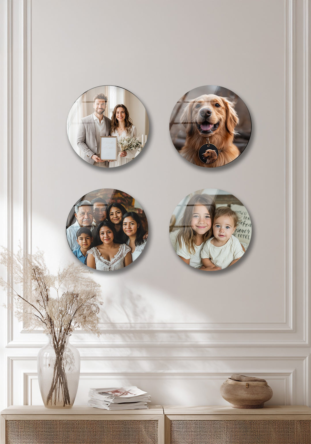 Golden Memories – Custom Family & Pet Round Glass Wall Art