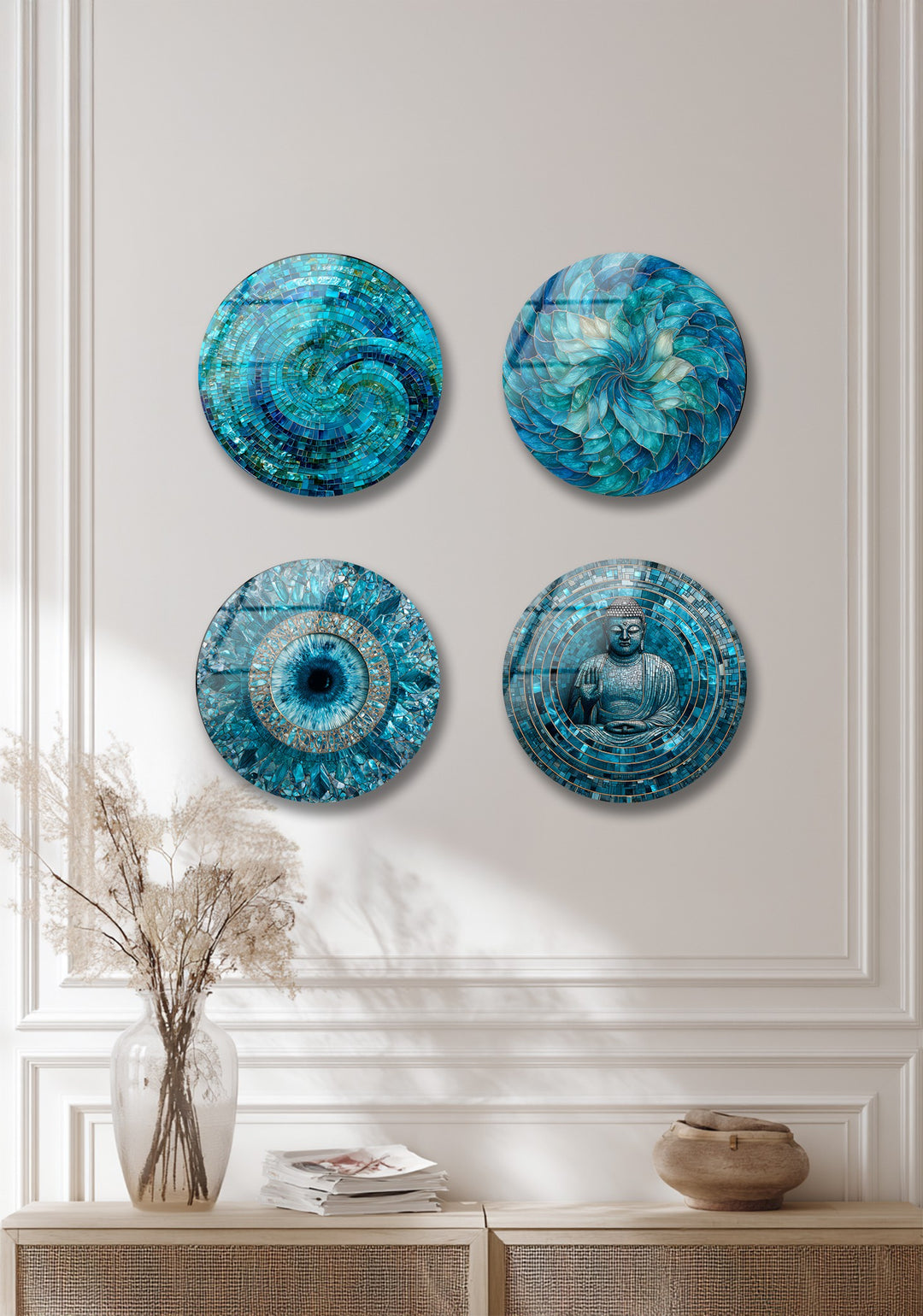 Tranquil Reflections Trio – Blue Mosaic & Buddha Round Glass Wall Art Set