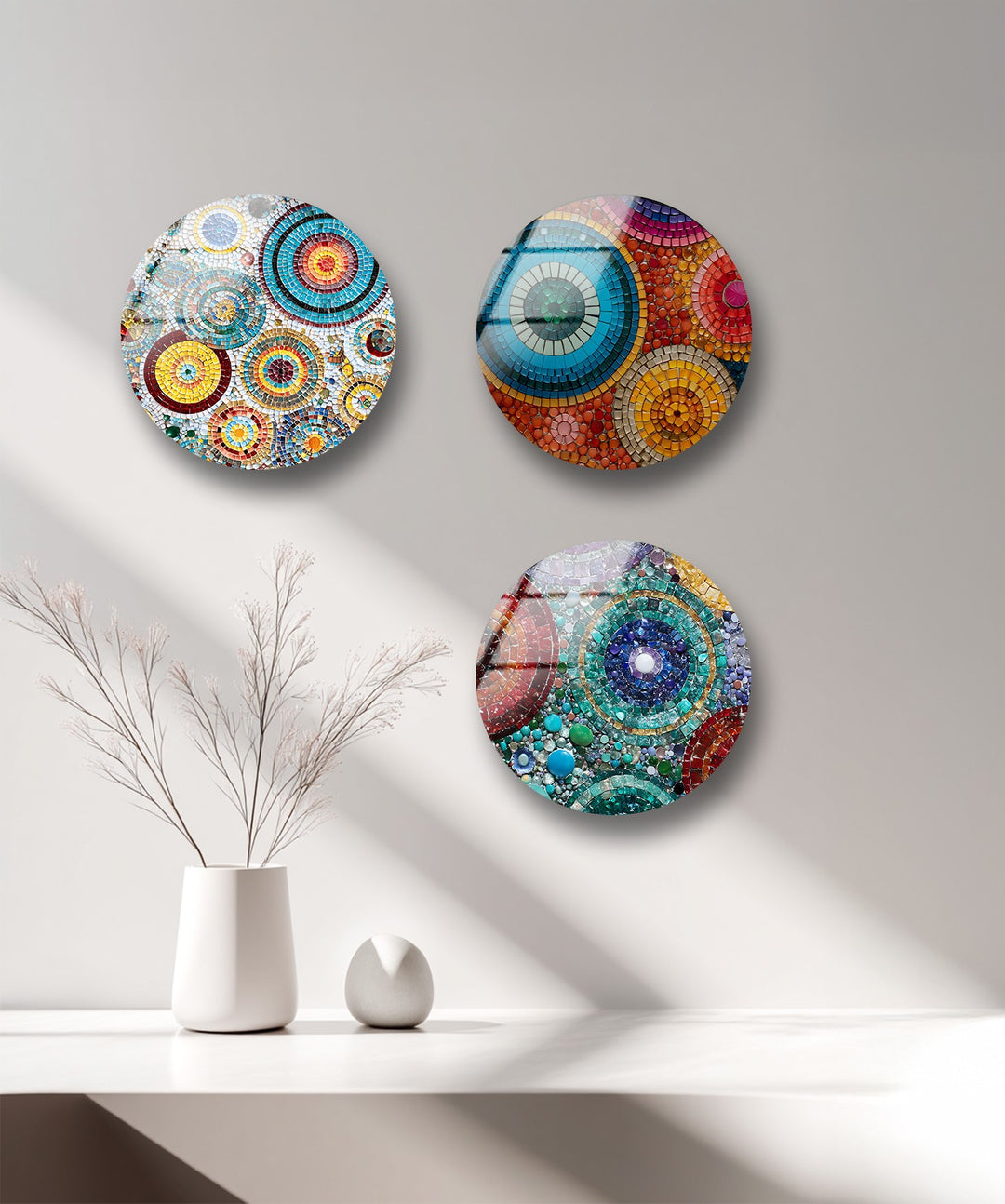 Radiant Mosaic Circles – Colorful Abstract Round Glass Wall Art Set