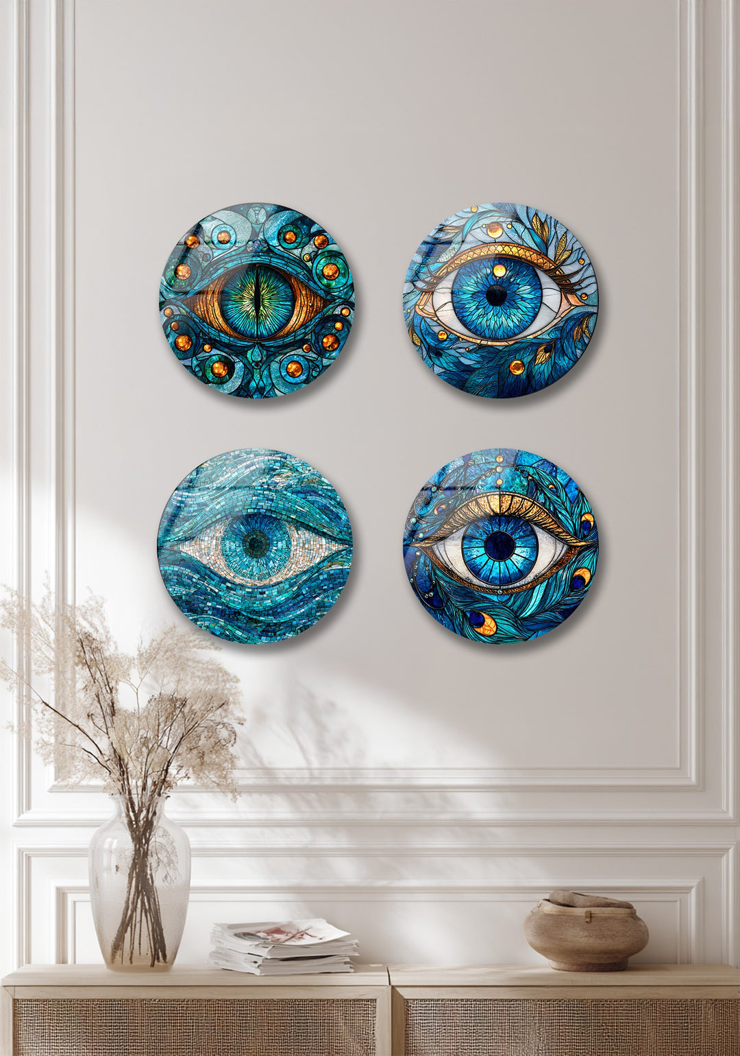 Mystic Vision Trio – Blue Evil Eye Mosaic Round Glass Wall Art Set