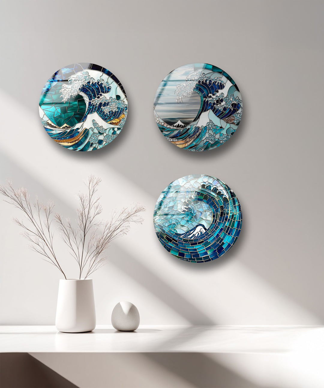 Oceanic Waves – Mosaic Sea-Inspired Round Glass Wall Art Set