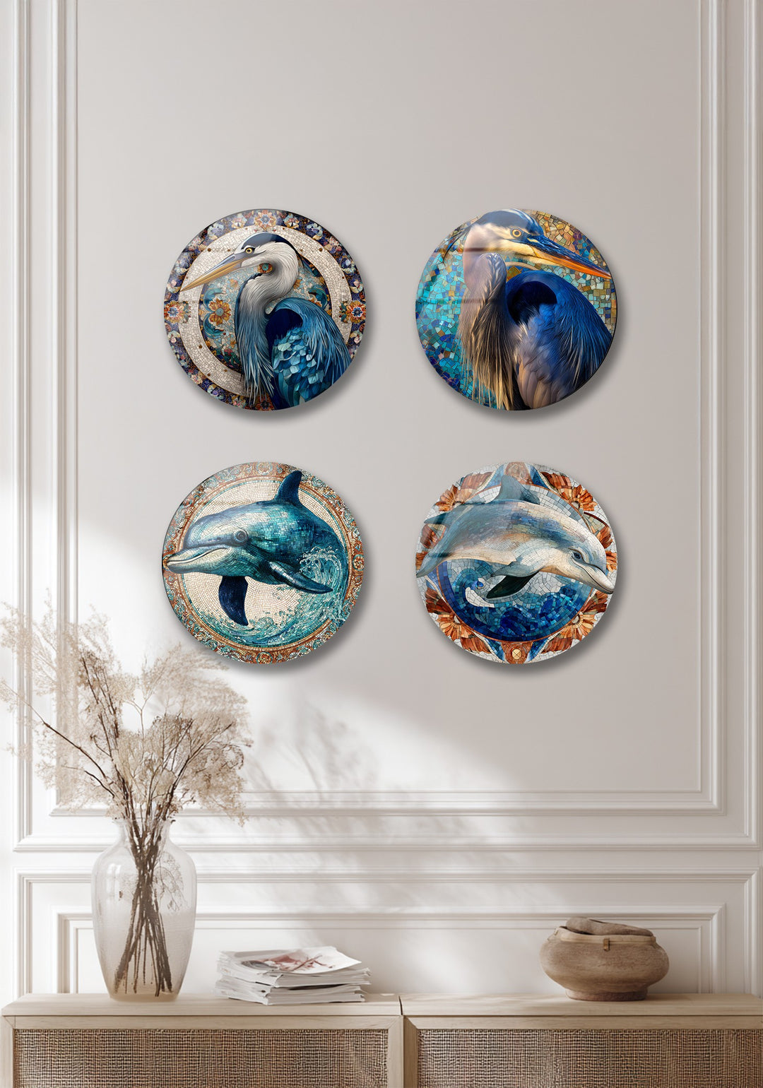 Oceanic Harmony Trio – Dolphin & Heron Mosaic Round Glass Wall Art Set