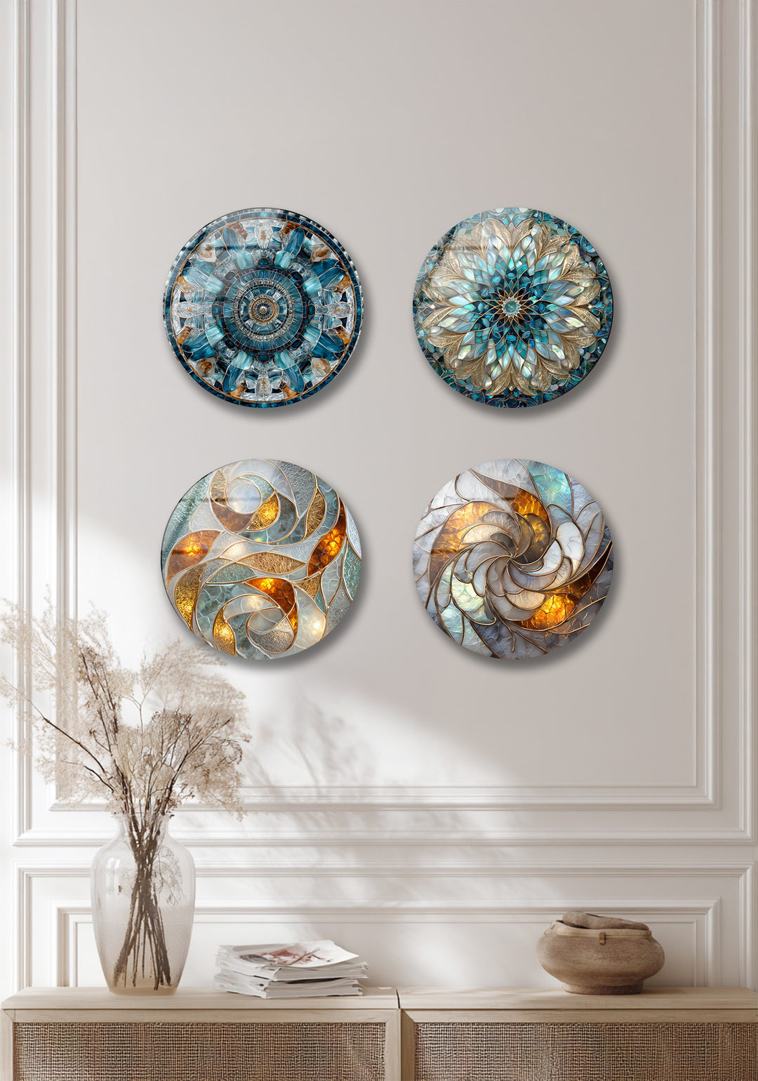 Golden Harmony Trio – Abstract Mosaic Round Glass Wall Art Set