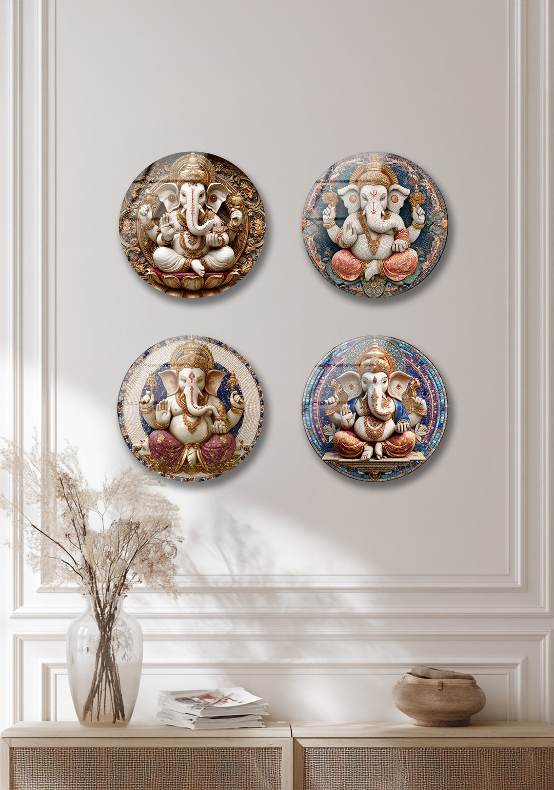 Divine Prosperity Trio – Lord Ganesha Round Glass Wall Art Set