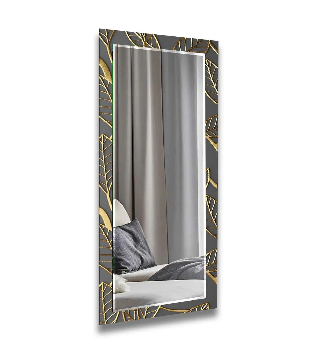 Abstract Grey Golden Leaves Wall Mirror Round Mirror