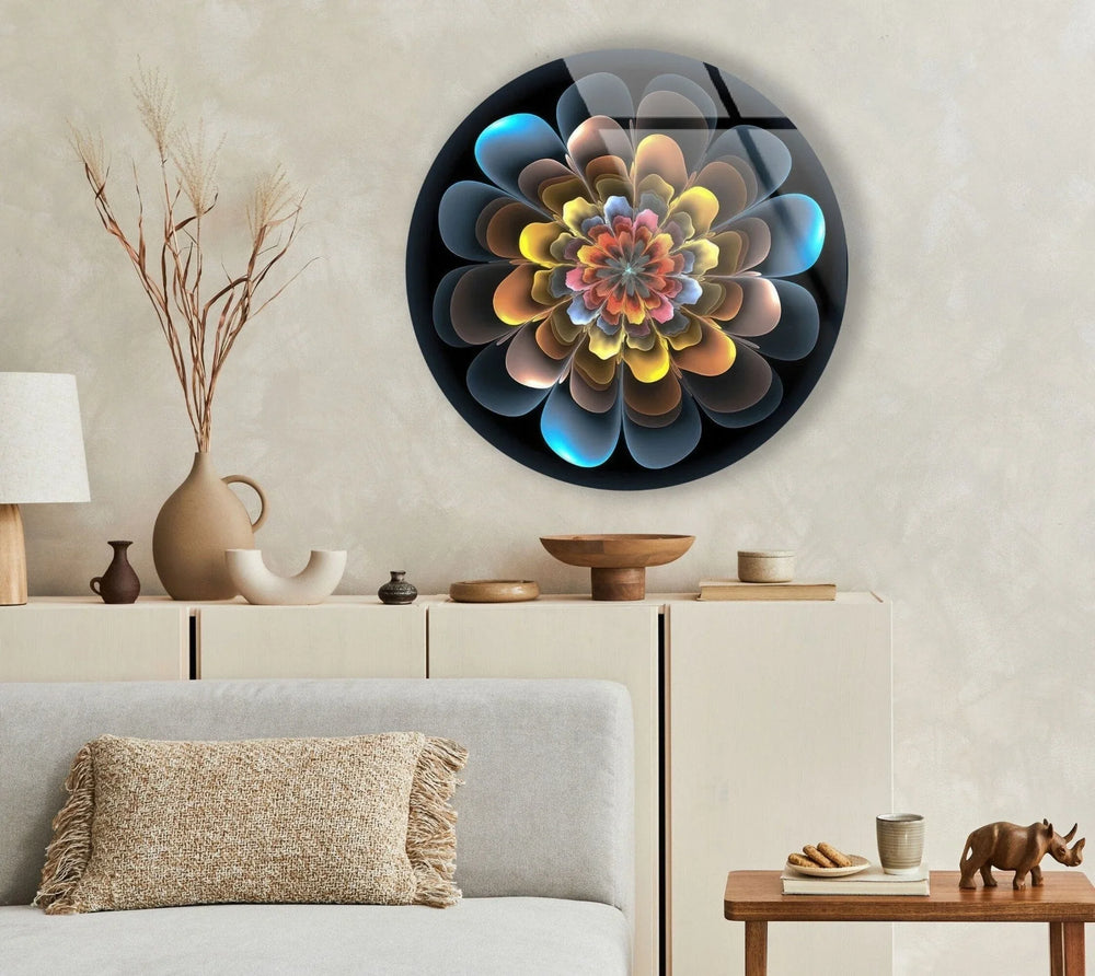 Abstract Round Yellow & Blue Glass Wall Art Glass Printing Wall Art, Print photos on glass