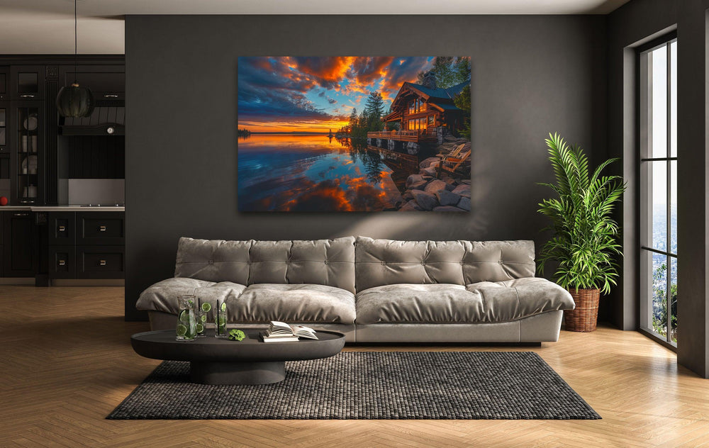 Serene lake view wall decor showcasing a breathtaking sunset reflection.