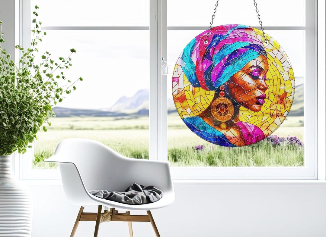 African Woman Portrait Suncatcher Decor Vibrant Stained Glass Suncatchers for Windows | Myphotostation