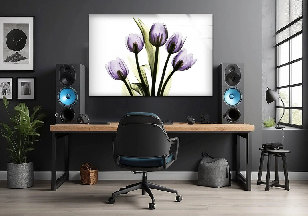 Albert Koetsier Xray Five Tulips In Purple Glass Wall Art, glass art painting, glass art for the Wall