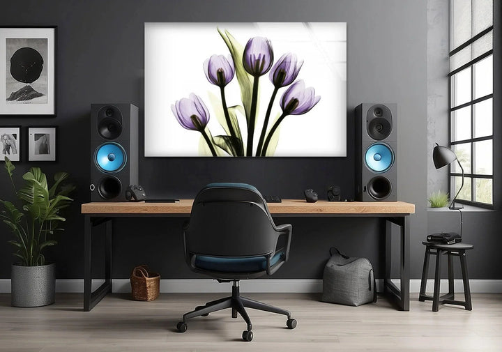 Albert Koetsier Xray Five Tulips In Purple Glass Wall Art, glass art painting, glass art for the Wall