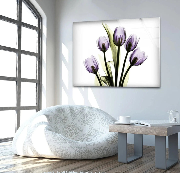 Albert Koetsier Xray Five Tulips In Purple Glass Wall Art, glass pictures for Wall, glass prints wall art