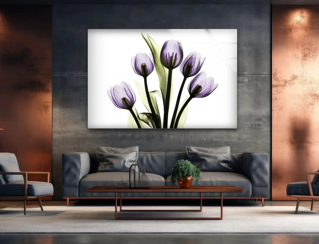 Albert Koetsier Xray Five Tulips In Purple Glass Wall Art, Glass Printing Wall Art, Print photos on glass