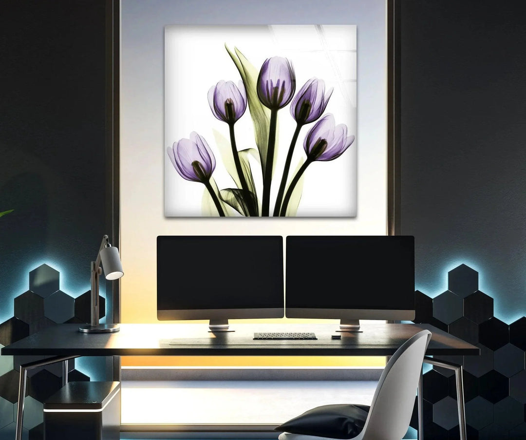 Albert Koetsier Xray Five Tulips In Purple Glass Wall Art, large glass photo prints, glass wall photos
