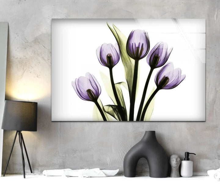 Albert Koetsier Xray Five Tulips In Purple Glass Wall Art, glass photo prints, glass picture prints