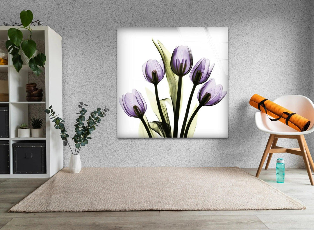 Albert Koetsier Xray Five Tulips In Purple Glass Wall Art, photo print on glass, prints on glass wall art