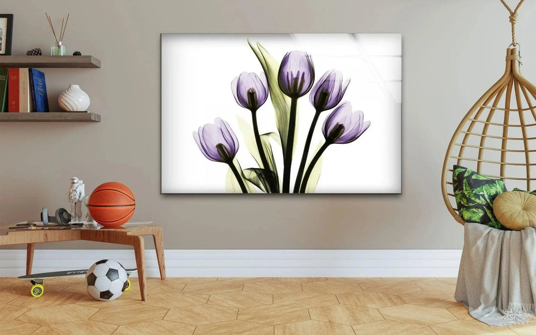 Albert Koetsier Xray Five Tulips In Purple Glass Wall Art, glass image printing, glass prints from photos