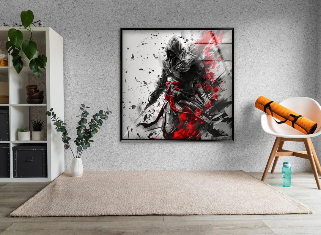 Hooded Assassin with Red Blades Glass Wall Art custom glass photo prints, large glass prints