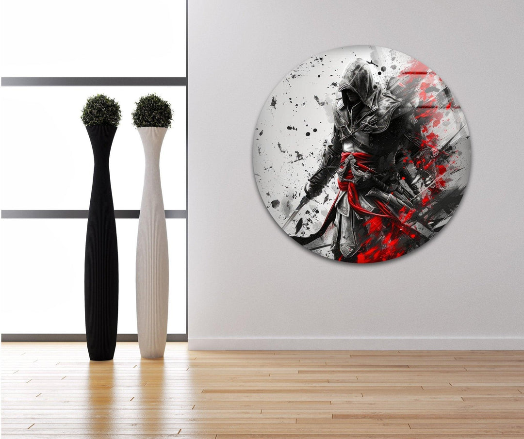 Hooded Assassin with Red Blades Glass Wall Art custom glass pictures, glass art prints