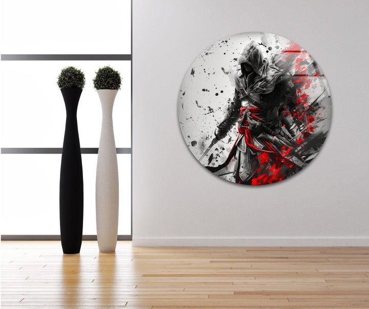 Hooded Assassin with Red Blades Glass Wall Art custom glass pictures, glass art prints