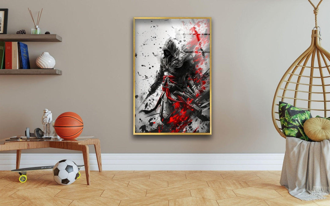 Hooded Assassin with Red Blades Glass Wall Art picture on glass wall art, photos printed on glass