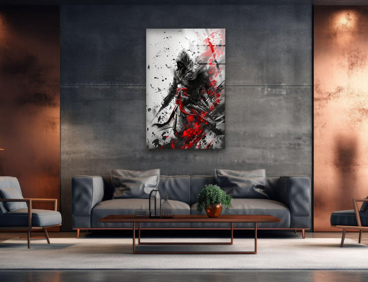 Hooded Assassin with Red Blades Glass Wall Art print on glass, glass printed photos