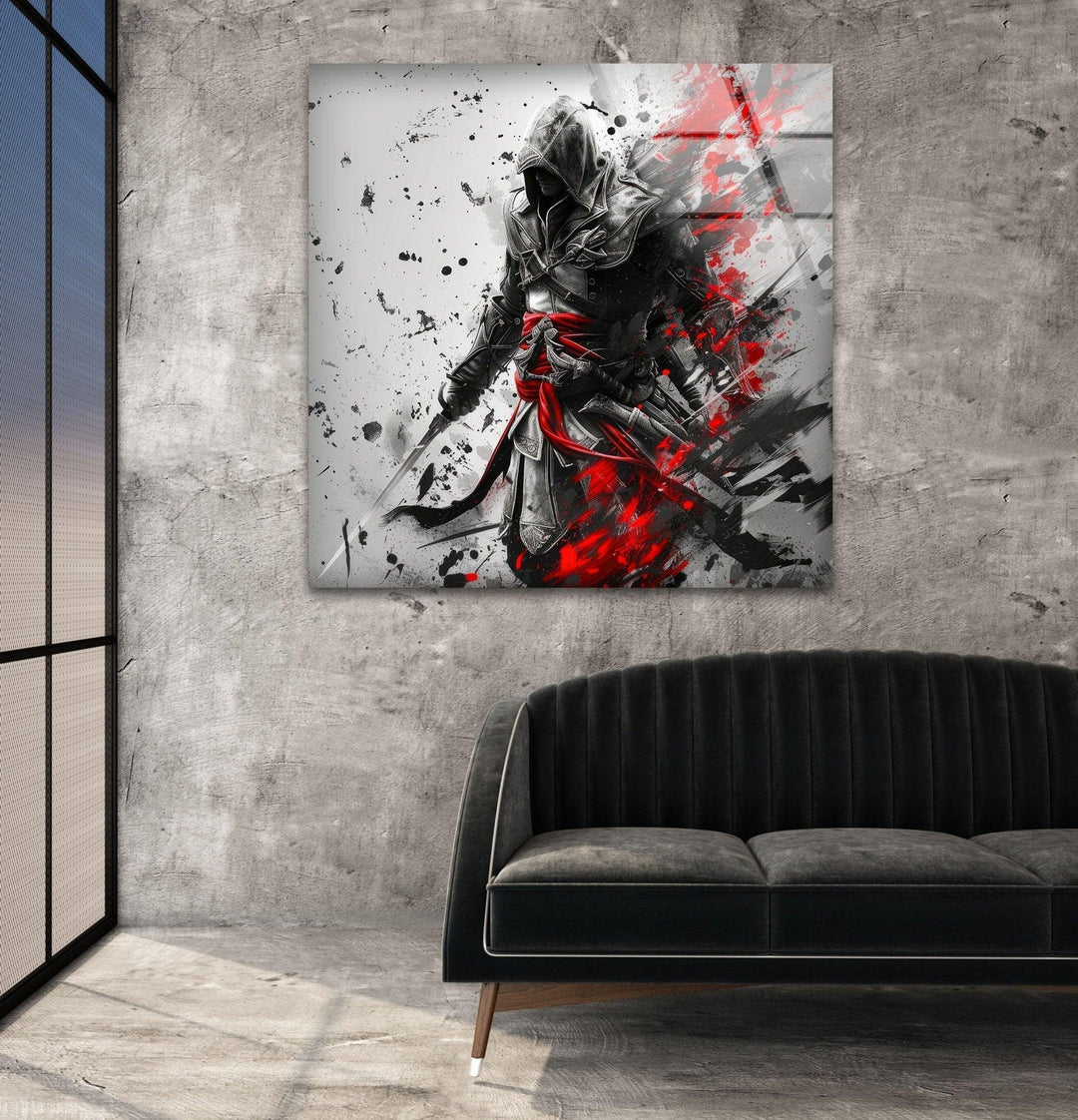 Hooded Assassin with Red Blades Glass Wall Art photo print on glass, prints on glass wall art