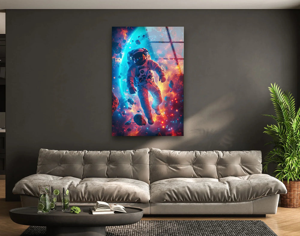 Astronaut in Colored Space Glass Wall Art print on glass, glass printed photos