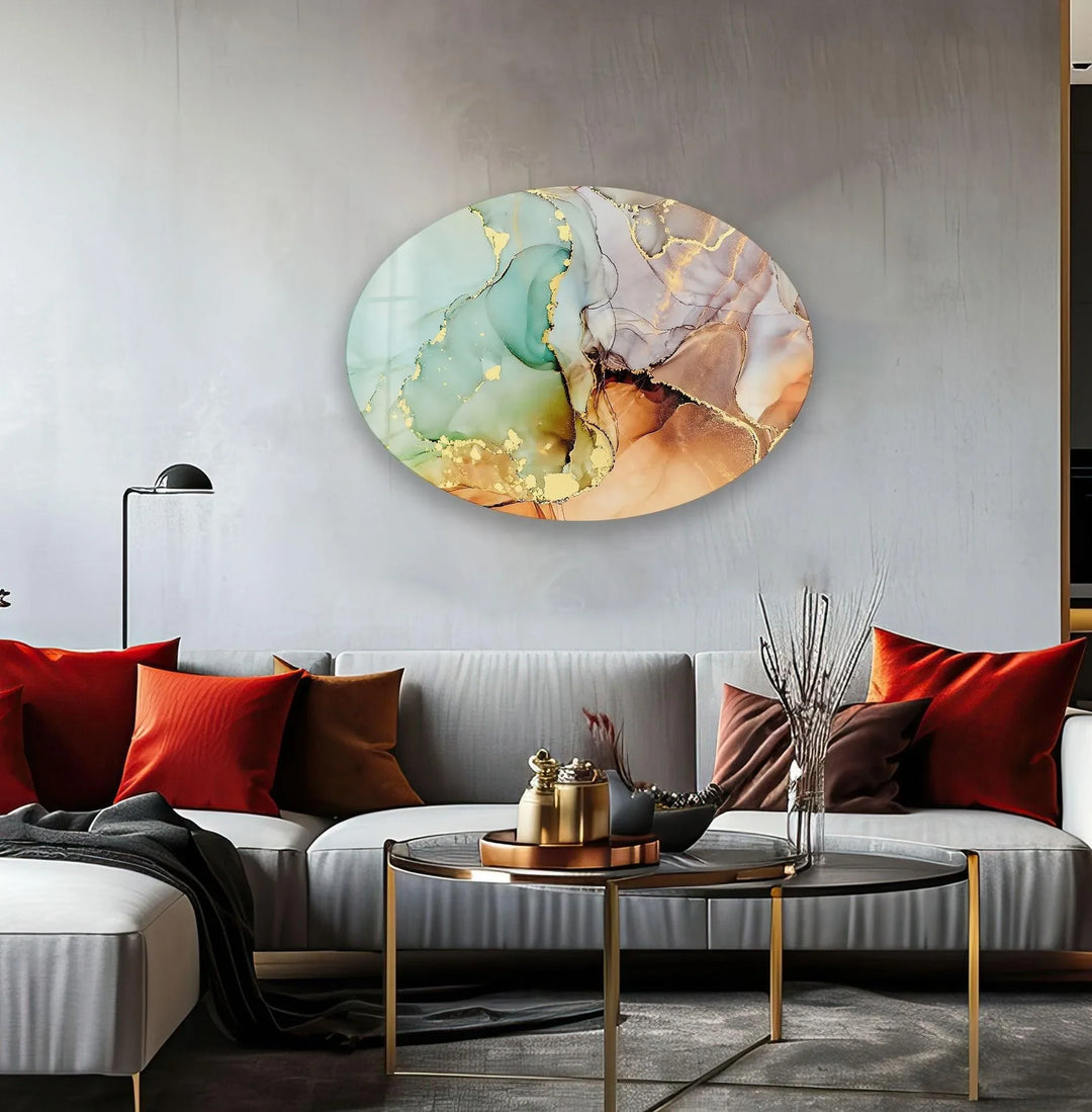 Asymmetric Oval Abstract Golden Marble Glass Wall Art print picture on glass, Tempered Glass Wall Art