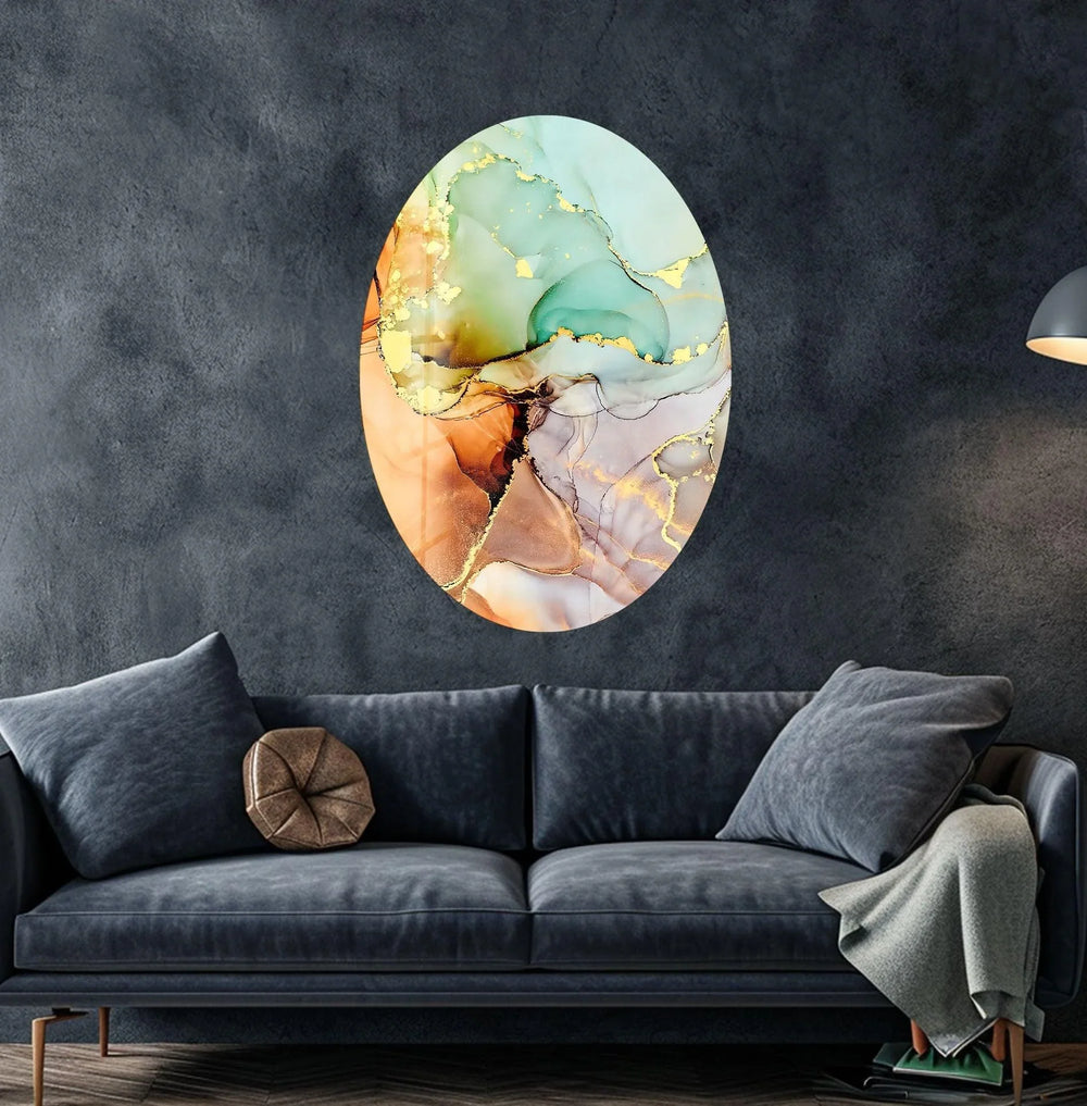 Asymmetric Oval Abstract Golden Marble Glass Wall Art glass wall decor, glass wall art decor