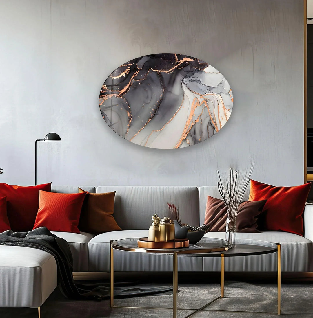 Asymmetric Oval Black Alcohol Ink Glass Wall Art print picture on glass, Tempered Glass Wall Art
