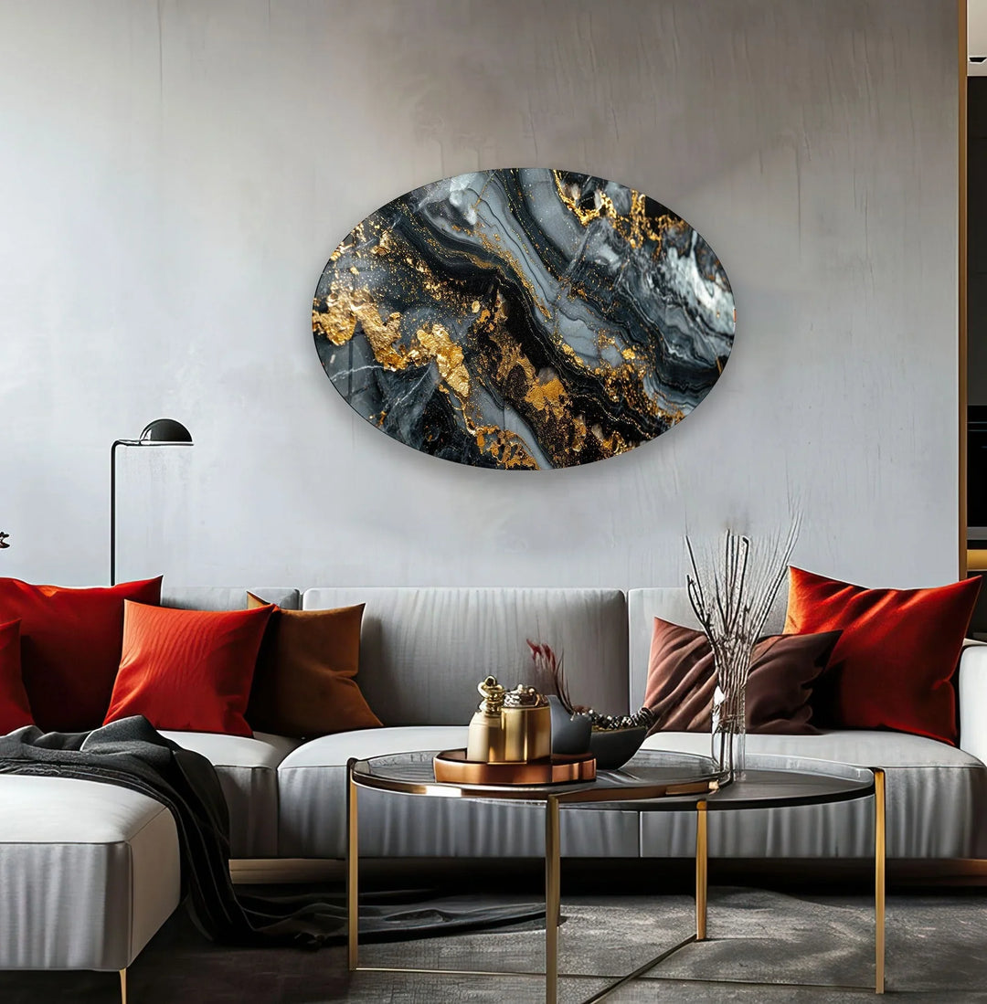 Asymmetric Oval Black Gold Splash Glass Wall Art photo print on glass, prints on glass wall art