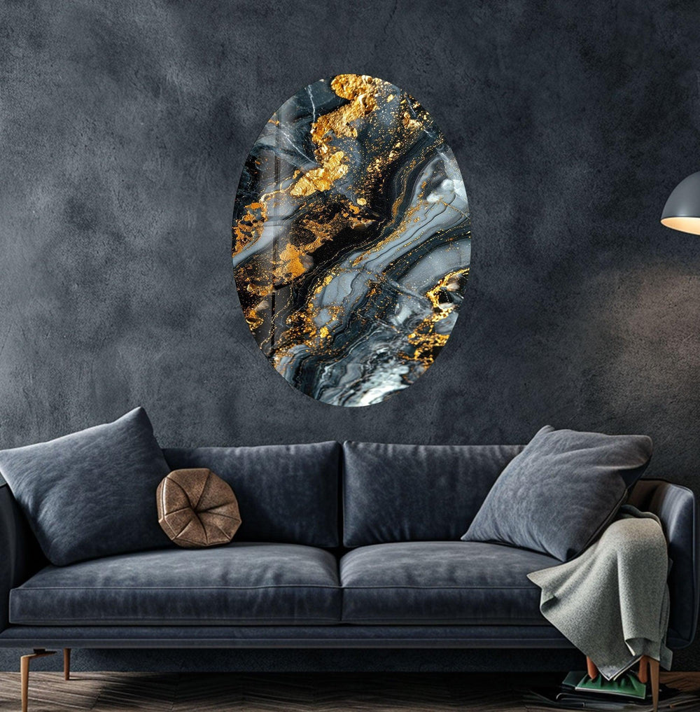Asymmetric Oval Black Gold Splash Glass Wall Art large glass photo prints, glass wall photos