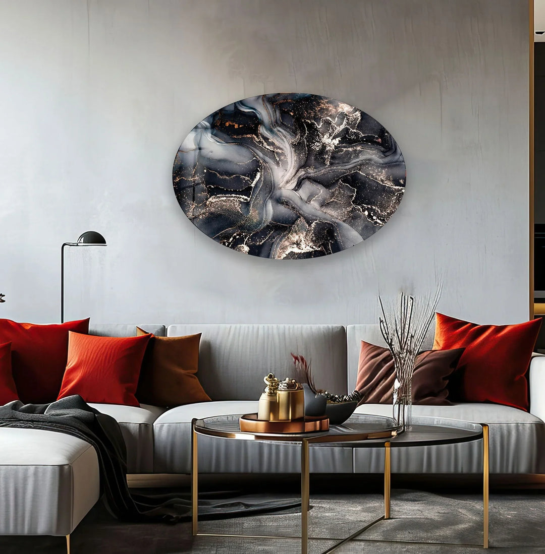Asymmetric Oval Black Smokey Design Glass Wall Art print picture on glass, Tempered Glass Wall Art