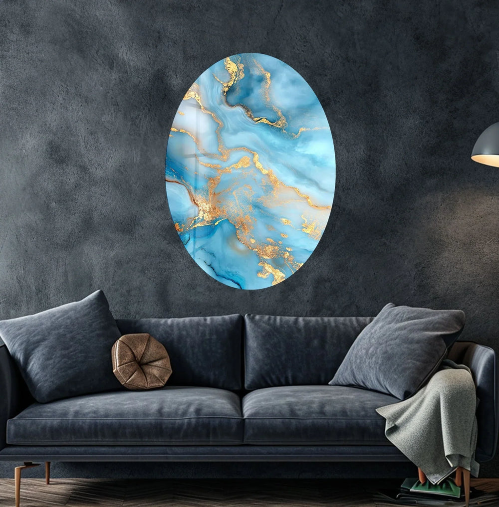 Asymmetric Oval Blue Golden Glass Wall Art art glass wall art, glass wall art pictures