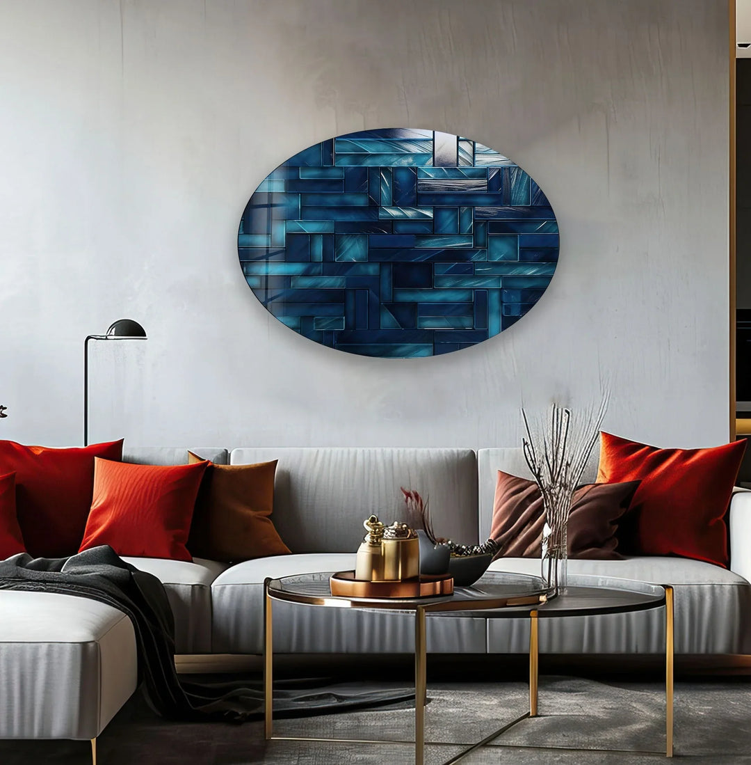 Asymmetric Oval Blue Lines Glass Wall Art Glass Printing Wall Art, Print photos on glass