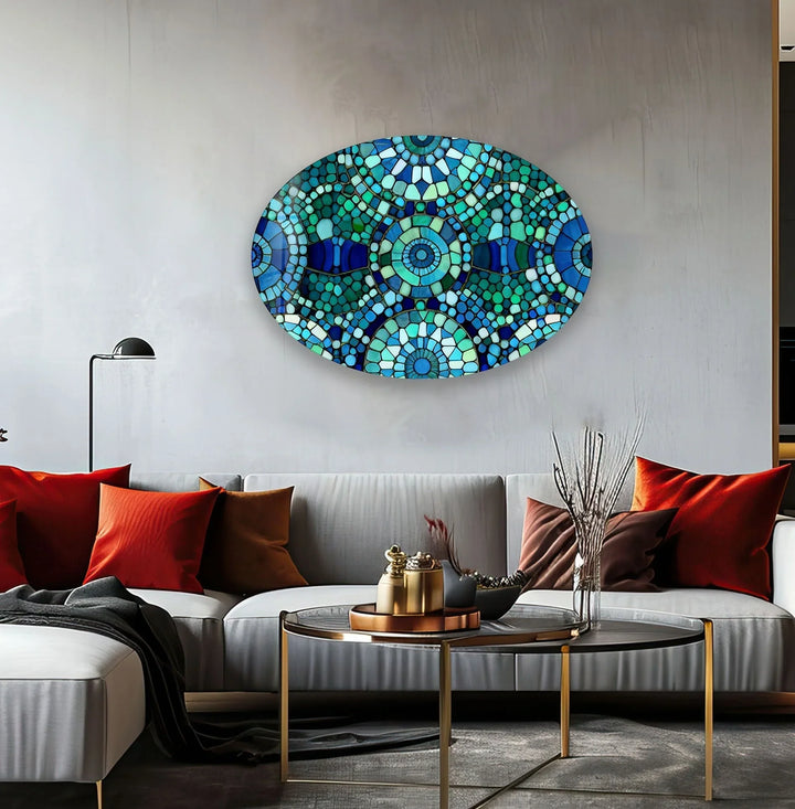 Asymmetric Oval Blue Mosaic Design Glass Wall Art photo print on glass, prints on glass wall art