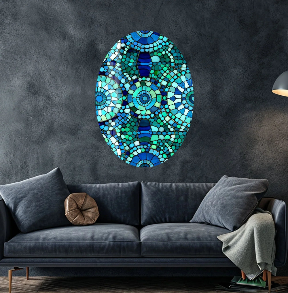 Asymmetric Oval Blue Mosaic Design Glass Wall Art large glass photo prints, glass wall photos
