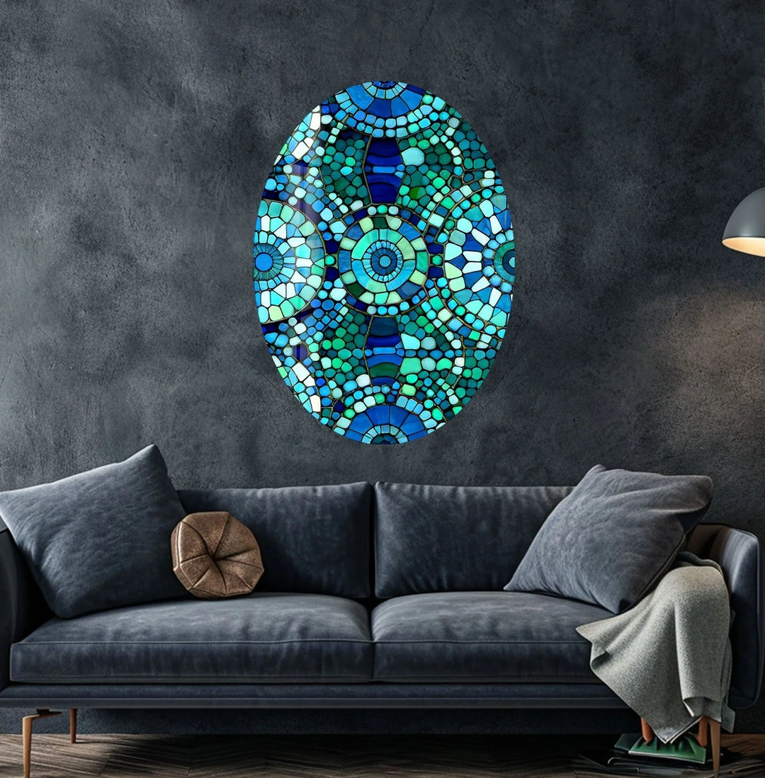 Asymmetric Oval Blue Mosaic Design Glass Wall Art large glass photo prints, glass wall photos