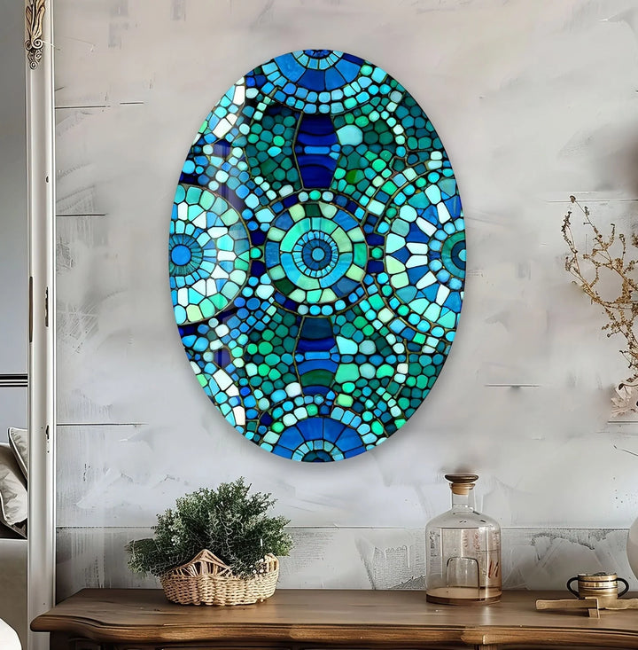 Asymmetric Oval Blue Mosaic Design Glass Wall Art picture on glass wall art, photos printed on glass