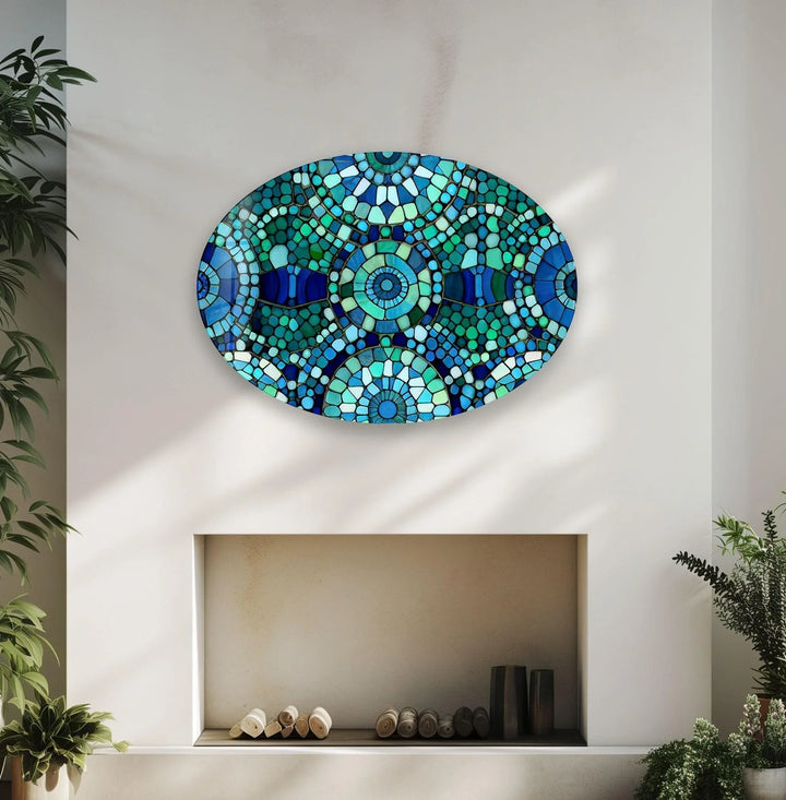 Asymmetric Oval Blue Mosaic Design Glass Wall Art print picture on glass, Tempered Glass Wall Art